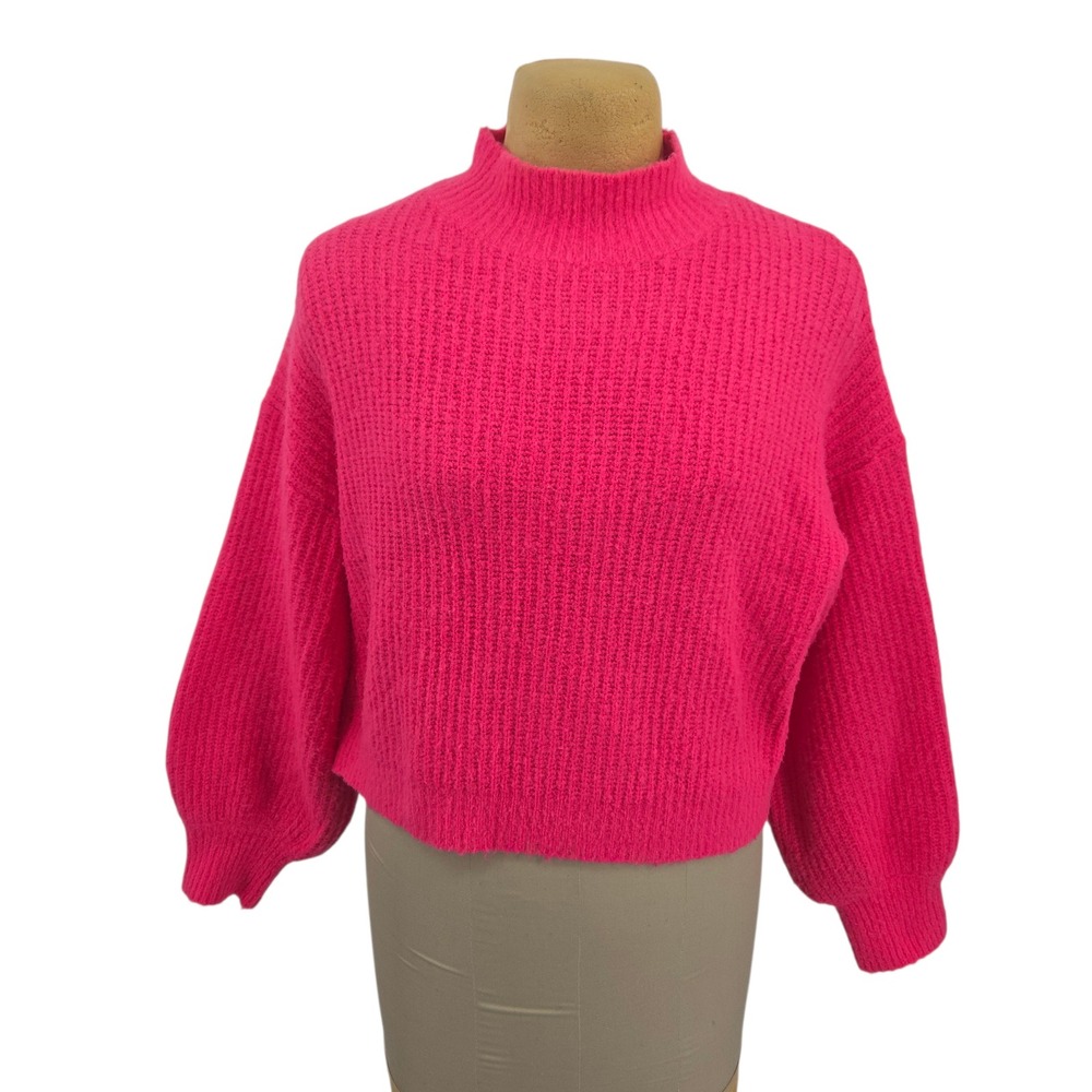 Lulus Sweater Size M Hot Pink Mock Neck Ribbed Knit Balloon Sleeve Pullover